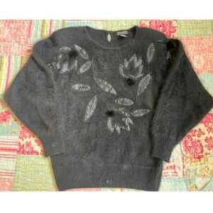 VTG Venesha Black Angora Blend Pullover Sweater SZS Applique Beading Bobbles